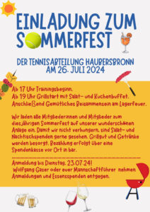 Einladung zum Sommerfest der Tennisabteilung am 26.7.24
